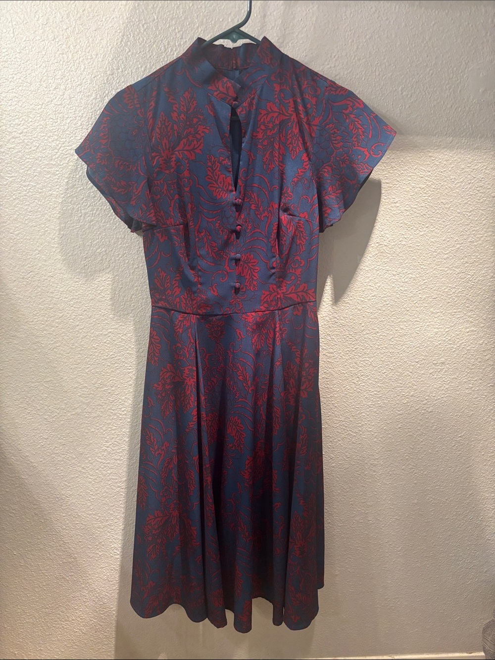 Unique Vintage Navy Dress with Red Floral Motif